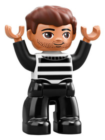 Duplo Figure Lego Ville, Male, Black Legs, Black and White Striped Top, Reddish Brown Hair (Prisoner