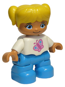 Duplo Figure Lego Ville, Child Girl, Dark Azure Legs, White Top with Pink Butterfly, Yellow Hair wit