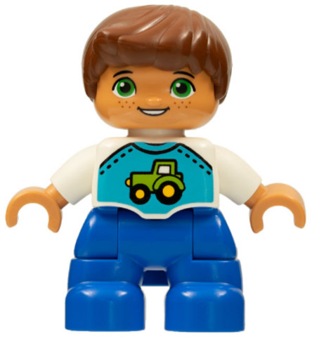 LEGO® Minifigurák 47205pb055 - Duplo Figure Lego Ville, Child Boy, Blue Legs, White Top with Tractor Pattern, Reddish Brown Hair