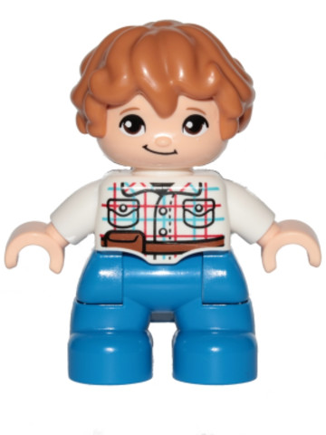 LEGO® Minifigurák 47205pb062 - Duplo Figure Lego Ville, Child Boy, Blue Legs, White Checkered Shirt with Belt, Medium Nougat Hair