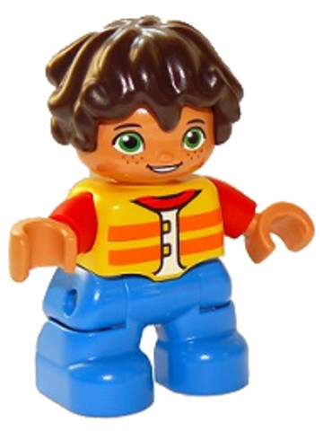 LEGO® Minifigurák 47205pb066 - Duplo Figure Lego Ville, Child Boy, Blue Legs, Yellow Vest, Red Arms, Reddish Brown Hair