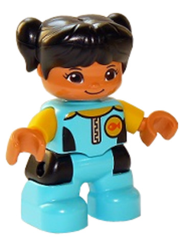 LEGO® Minifigurák 47205pb067 - Duplo Figure Lego Ville, Child Girl, Medium Azure Diving Suit, Yellow Arms, Black Hair with Pigtails
