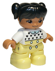 Duplo Figure Lego Ville, Child Girl, Bright Light Yellow Legs, White Top with Black Hearts, Black Ha