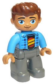 Duplo Figure Lego Ville, Male, Dark Bluish Gray Legs, Dark Azure Jacket, Black Shirt, Reddish Brown 