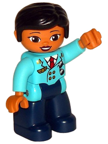 LEGO® Minifigurák 47394pb249 - Duplo Figure Lego Ville, Female Pilot, Dark Blue Legs, Medium Azure Top with Red Tie, Black Hair