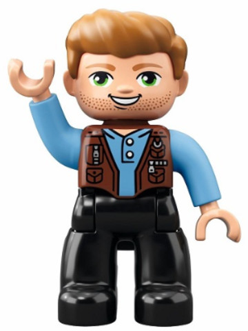 LEGO® Minifigurák 47394pb251 - Duplo Figure Lego Ville, Male, Black Legs, Medium Blue Shirt over Reddish Brown Vest, Dark Tan Hair 