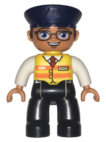 LEGO® Minifigurák 47394pb254 - Duplo Figure Lego Ville, Male, Black Legs, White Shirt, Yellow Safety Vest with Train Logo, Dark Blu