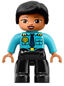 Duplo Figure Lego Ville, Female Police, Black Legs, Medium Azure Top with Badge and Epaulettes, Blac