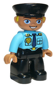 Duplo Figure Lego Ville, Male Police, Black Legs, Medium Azure Top with Badge and Epaulettes, Black 
