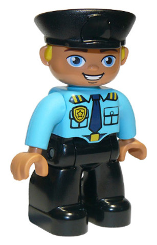 LEGO® Minifigurák 47394pb263 - Duplo Figure Lego Ville, Male Police, Black Legs, Medium Azure Top with Badge and Epaulettes, Black 