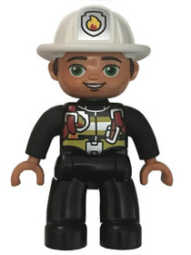 Duplo Figure Lego Ville, Male Fireman, Black Legs, Striped Jacket with Red Safety Harness, White Hel