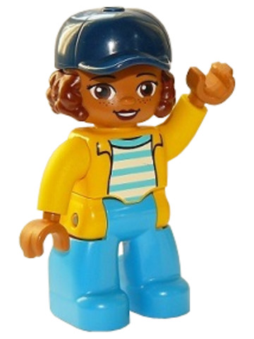 LEGO® Minifigurák 47394pb266 - Duplo Figure Lego Ville, Female, Dark Azure Legs, White Top with Medium Azure Stripes and Yellow Jac