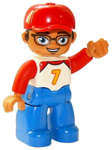 LEGO® Minifigurák 47394pb267 - Duplo Figure Lego Ville, Male, Blue Legs, White Top with Number 7 and Red Arms, Reddish Brown Hair, 
