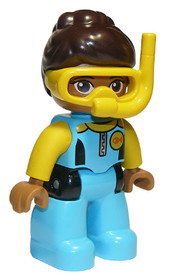 Duplo Figure Lego Ville, Female, Medium Azure Diving Suit, Yellow Arms, Dark Brown Hair, Yellow Divi