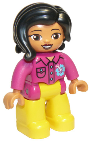 LEGO® Minifigurák 47394pb271 - Duplo Figure Lego Ville, Female, Yellow Legs, Magenta Shirt with Flower, Black Hair
