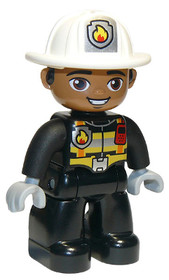 Duplo Figure Lego Ville, Male Firefighter, Black Legs, Black Jacket with Safety Harness, White Helme