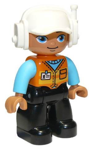 LEGO® Minifigurák 47394pb288 - Duplo Figure Lego Ville, Male, Black Legs, Orange Vest with Badge and Pocket, Medium Azure Arms, Whi
