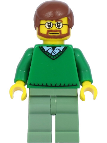 LEGO® Minifigurák cty0893a - Green V-Neck Sweater over Button Down Shirt Collar with 1 Button, Sand Green Legs, Reddish Brown Hai