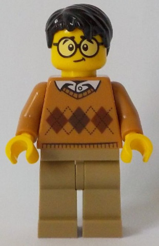 LEGO® Minifigurák cty0902 - Medium Nougat Argyle Sweater, Dark Tan Legs, Black Hair, Large Round Glasses