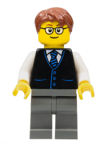 LEGO® Minifigurák cty1057 - Launch Director - Male, Black Vest with Blue Striped Tie, Dark Bluish Gray Legs, Reddish Brown Short