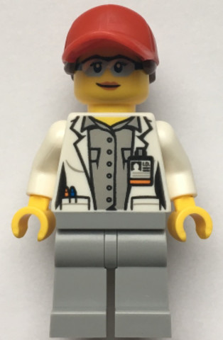 LEGO® Minifigurák cty1069 - Scientist - Female, Red Cap with Ponytail Hair, Blue Goggles and Light Bluish Gray Legs