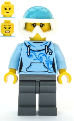 LEGO® Minifigurák cty1088 - Skier - Female, Bright Light Blue Hoodie, Medium Azure Ski Helmet, Ponytail