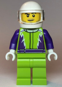 Monster Truck Driver, Lime Legs and Jacket with Purple Flames and Arms, White Helmet