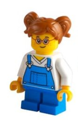 LEGO® Minifigurák cty1226 - Girl - Blue Overalls over V-Neck Shirt, Dark Orange Hair Short, Parted with Two Pigtails, Red Glasse