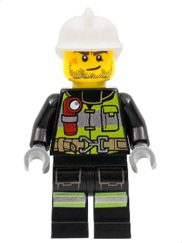 LEGO® Minifigurák cty1255 - Fire - Reflective Stripes with Utility Belt and Flashlight, White Fire Helmet, Beard Stubble, Brown 