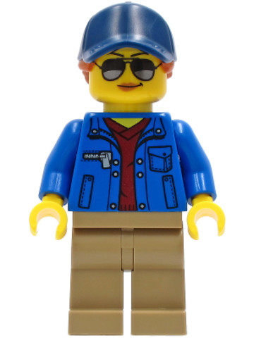 LEGO® Minifigurák cty1265 - Ground Crew - Female, Blue Jacket over Dark Red V-Neck Sweater, Dark Tan Legs, Dark Blue Cap with Da