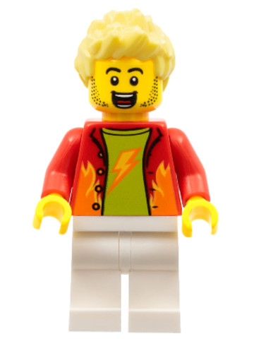 LEGO® Minifigurák cty1325 - Dynamo Doug - Stuntz Announcer, Red Jacket over Lime Shirt, White Legs, Bright Light Yellow Spiked H
