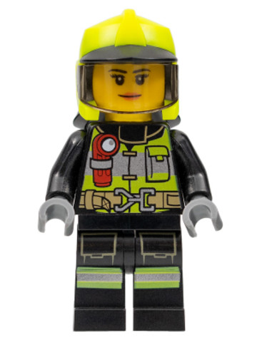 LEGO® Minifigurák cty1371 - Fire - Reflective Stripes with Utility Belt and Flashlight, Neon Yellow Fire Helmet, Trans-Black Vis