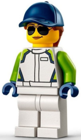 LEGO® Minifigurák cty1401 - Race Car Mechanic - Female, White Race Jacket and Legs, Dark Blue Cap with Dark Orange Hair