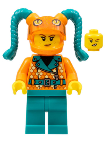 LEGO® Minifigurák cty1456 - Stuntz Driver, Orange Helmet with Tassels, Snake Visor, Orange Coat with Scales, Dark Turquoise Legs