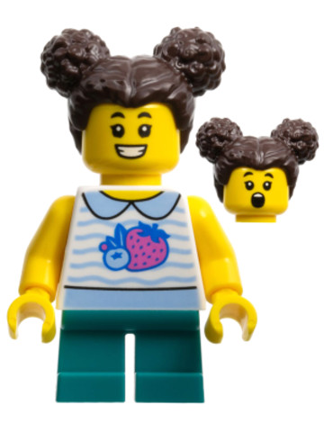 LEGO® Minifigurák cty1520 - Child Girl, Fruit Shirt, Dark Turquoise Short Legs, Dark Brown Hair