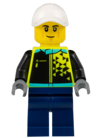 LEGO® Minifigurák cty1524 - Sports Car Driver - Male, White Cap, Neon Yellow Jacket, Dark Blue Legs