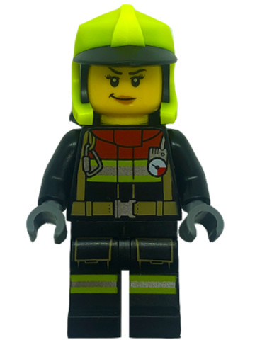 LEGO® Minifigurák cty1555 - Fire - Female, Black Jacket and Legs with Reflective Stripes and Red Collar, Neon Yellow Fire Helmet
