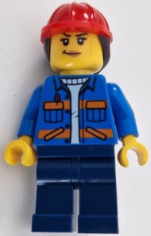 LEGO® Minifigurák cty1605 - Construction Worker - Female, Blue Open Jacket with Pockets and Orange Stripes, Dark Blue Legs, Red 