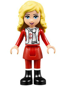 Friends Éva - Ewa, piros szoknyával, fekete csizmával, piros-fehér mikulás pulcsi, fehér sál, szőke 