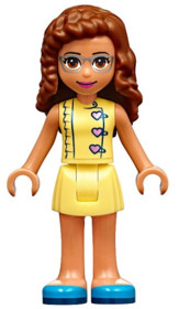Friends Olivia (Nougat) - Bright Light Yellow Dress with Heart Buttons, Blue Shoes