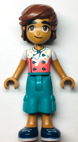 LEGO® Minifigurák frnd593 - Friends Leo - White and Coral Chef Shirt with Sprinkles, Dark Turquoise Trousers Cropped Large Pocke