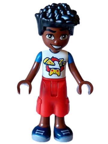 LEGO® Minifigurák frnd605 - Friends Zac - White and Blue Shirt with Pizza and Game Controller, Red Trousers Cropped Large Pocket
