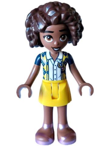 LEGO® Minifigurák frnd609 - Friends Aliya - Dark Blue Vest with Diamonds over White Blouse, Yellow Skirt, Metallic Pink Sandals