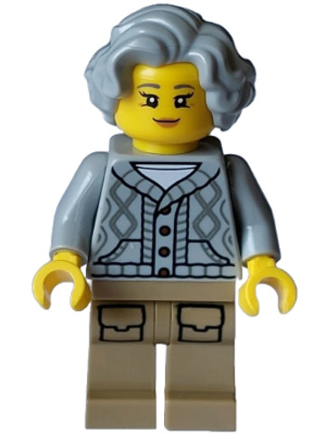LEGO® Minifigurák hol326 - Háztulajdonos - nő, világos kékesszürke, kötésű kábelkardigán pulóver, sötétbarna lábak zsebekkel, h