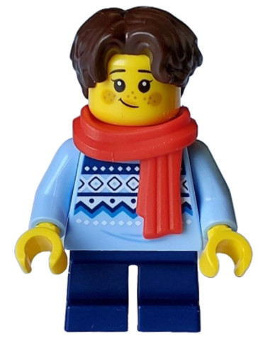 LEGO® Minifigurák hol327 - Gyermek - lány, világoskék kötött Fair Isle pulóver, sötétkék rövid lábak, sötétbarna haj, szeplők, 