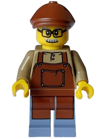 LEGO® Minifigurák hol328 - Háztulajdonos - férfi, vörösesbarna kötény, homokkék lábak, vörösesbarna lapos sapka, bajusz, szemüv