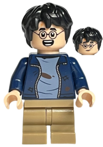 LEGO® Minifigurák hp364 - Harry Potter - Dark Blue Open Jacket with Tears and Blood Stains, Dark Tan Medium Legs, Smile / Open