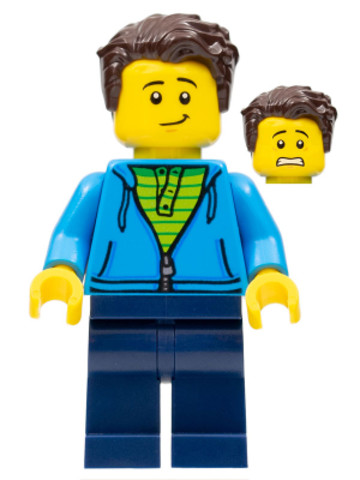 LEGO® Minifigurák twn331 - Man, Green Striped Shirt under Dark Blue Hoodie, Dark Brown Hair, Dark Blue Legs