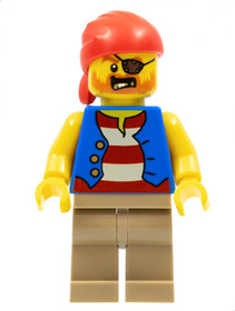 Pirate Man, Striped Red and White Shirt Under Blue Vest, Red Bandana, Left Eye Patch and 3 Gold Teet
