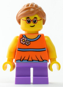 Child - Girl, Orange Top, Medium Lavender Short Legs, Medium Nougat Ponytail Hair, Glasses, Freckles